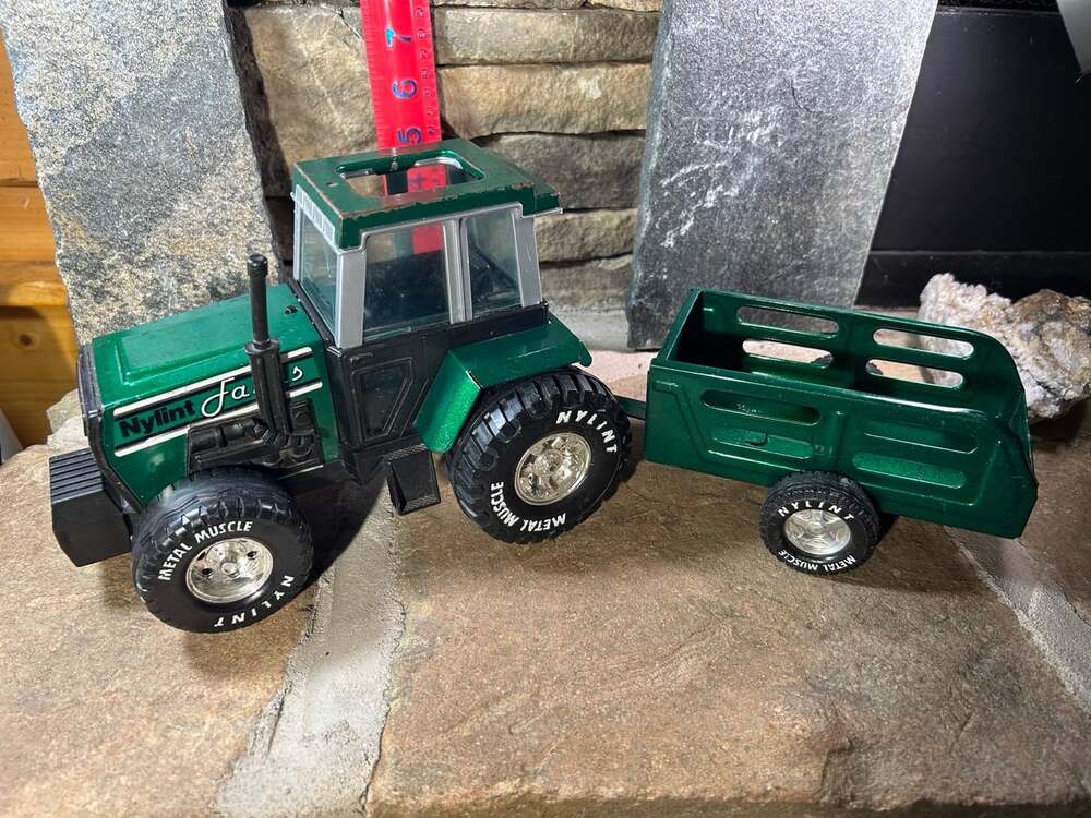 Vintage Nylint Farms green pressed steel and plastic tractor & wagon